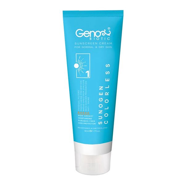 کرم ضد آفتاب پوست خشک SPF50 سانوژن بی رنگ ژنوبایوتیک